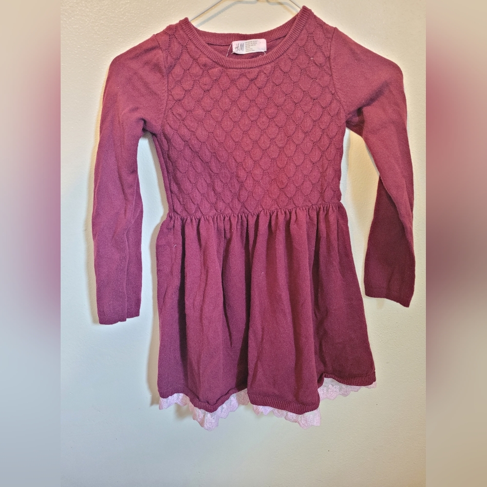 H&M Girls Burgundy Knit Sweater Dress Lace Trim Size 6x/7